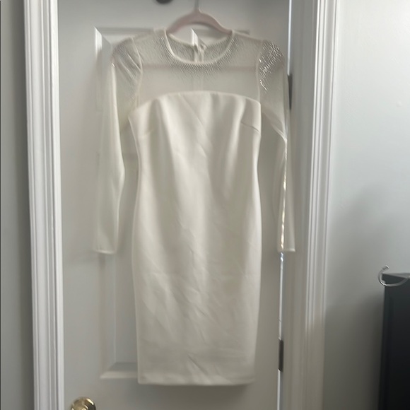 Elegant White Dress with Sheer Embellished Sleeves - Picture 3 of 3